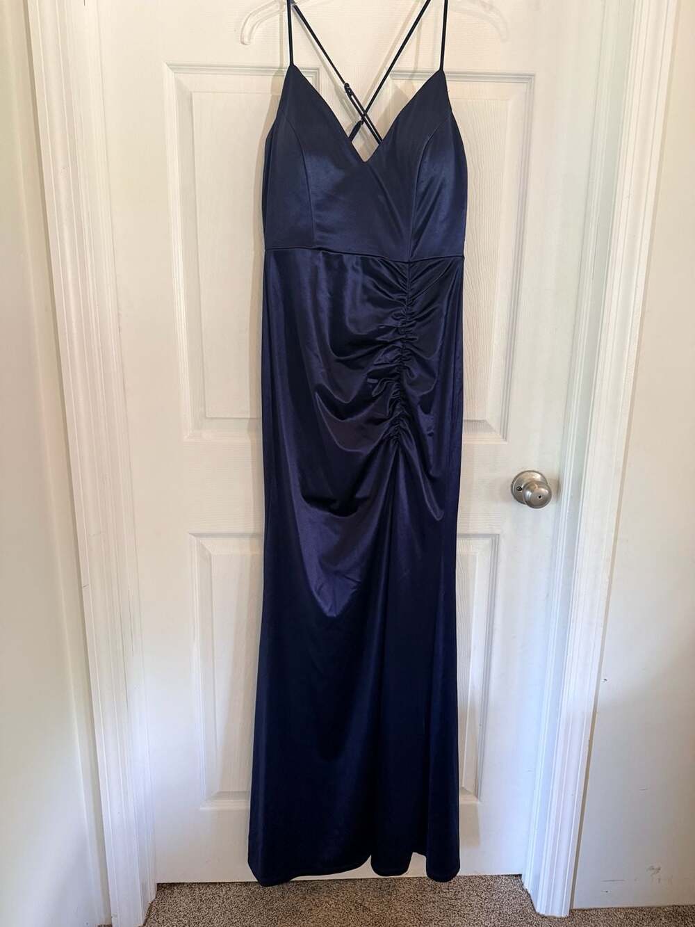 Windsor Navy Satin Mermaid Dress with Lace and Crisscross Straps